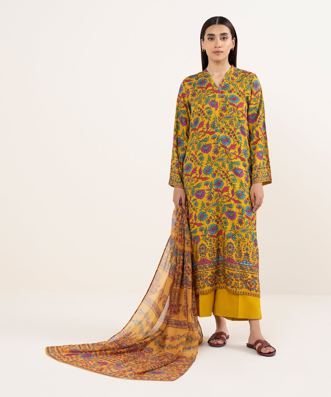 Women's RTW Arabic Lawn Mustard Printed Straight Shirt
