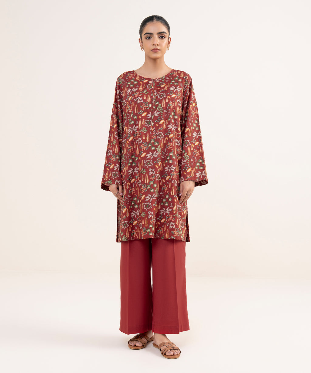 Women's RTW Lawn Viscose Red Printed Straight Shirt