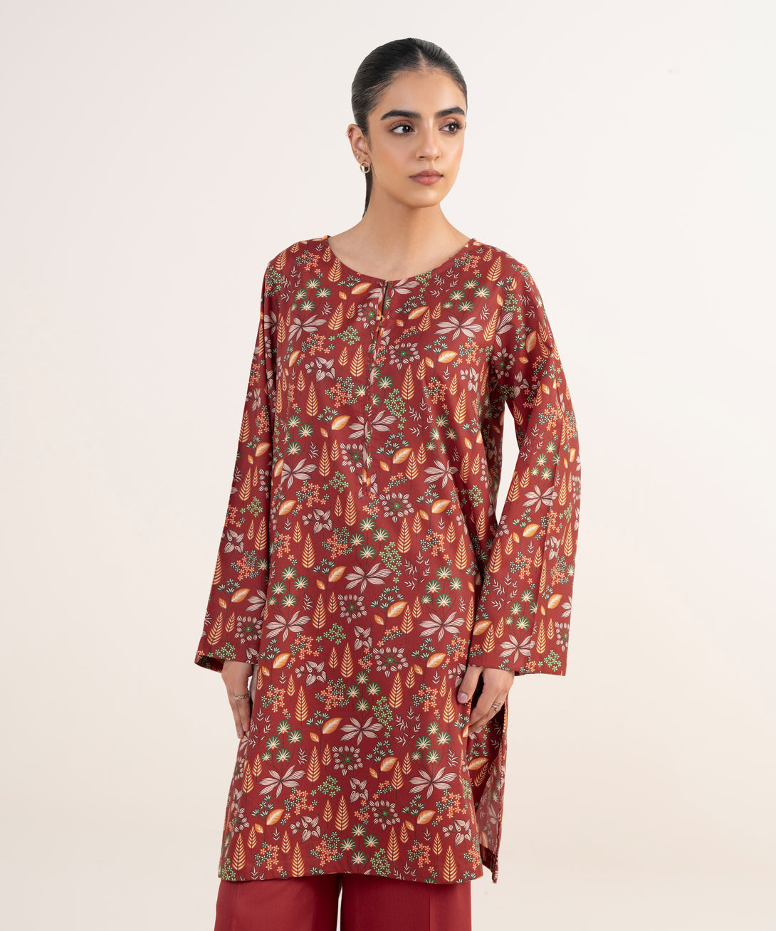 Women's RTW Lawn Viscose Red Printed Straight Shirt