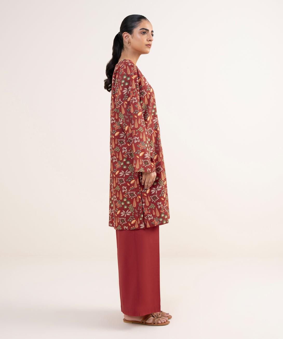 Women's RTW Lawn Viscose Red Printed Straight Shirt