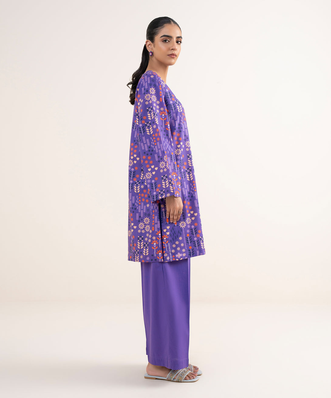 Women's RTW Lawn Viscose Purple Printed A-Line Shirt