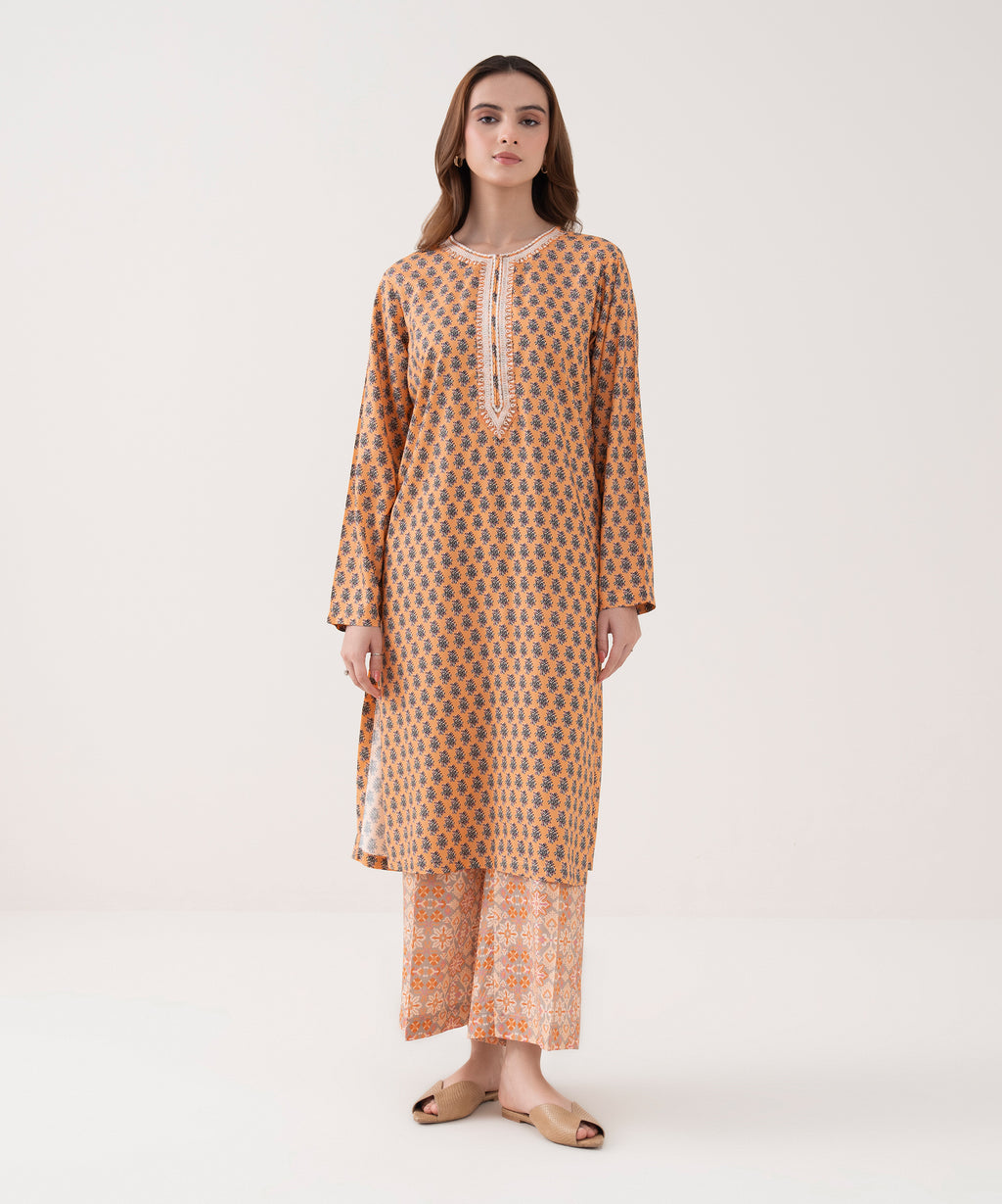 Women's RTW Arabic Lawn Embroidered Straight Orange Shirt