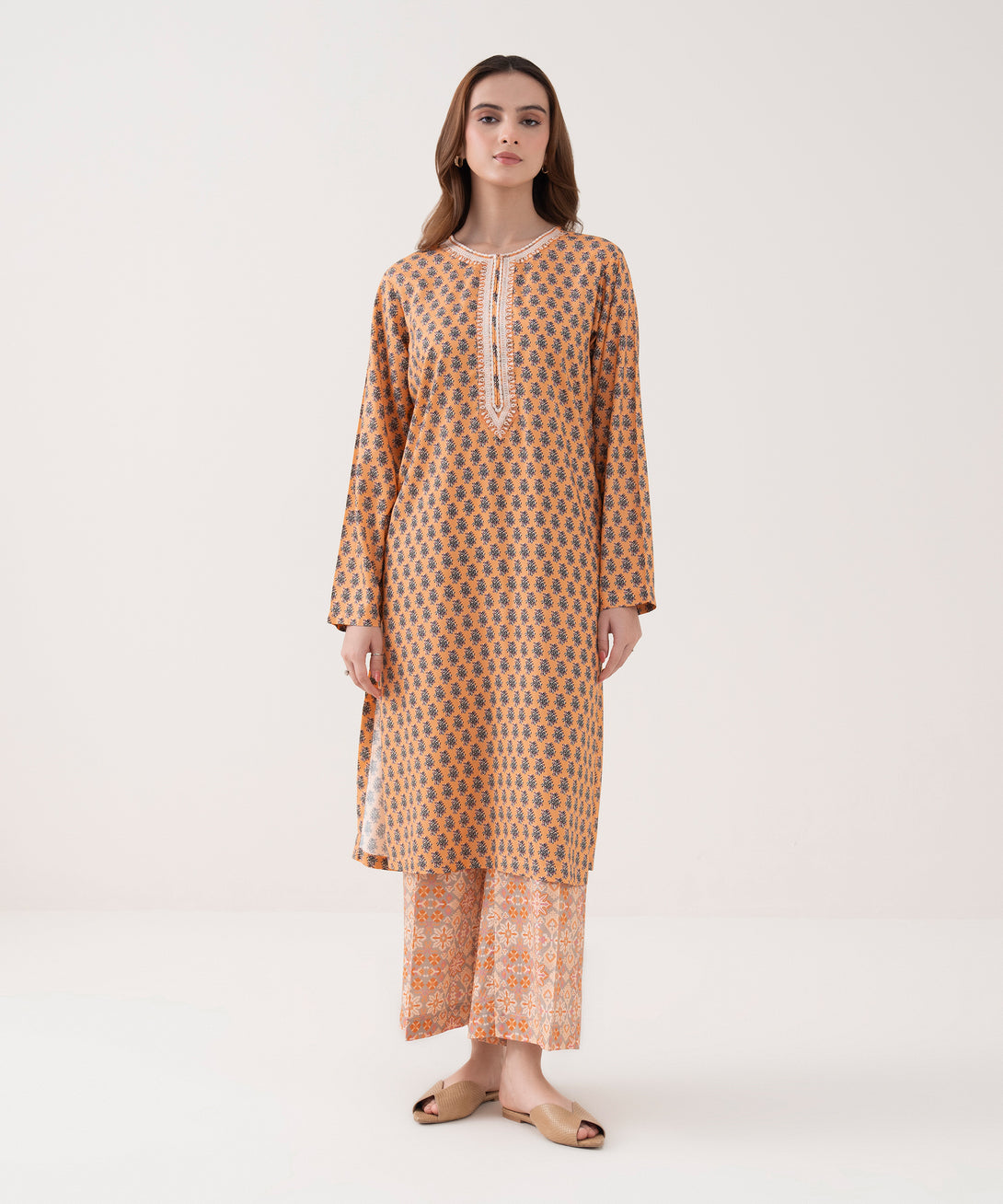 Women's RTW Arabic Lawn Embroidered Straight Orange Shirt
