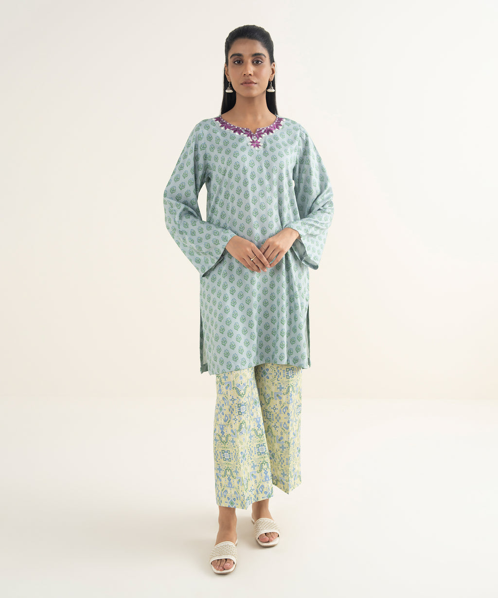 Women's RTW Arabic Lawn Embroidered Straight Blue Shirt