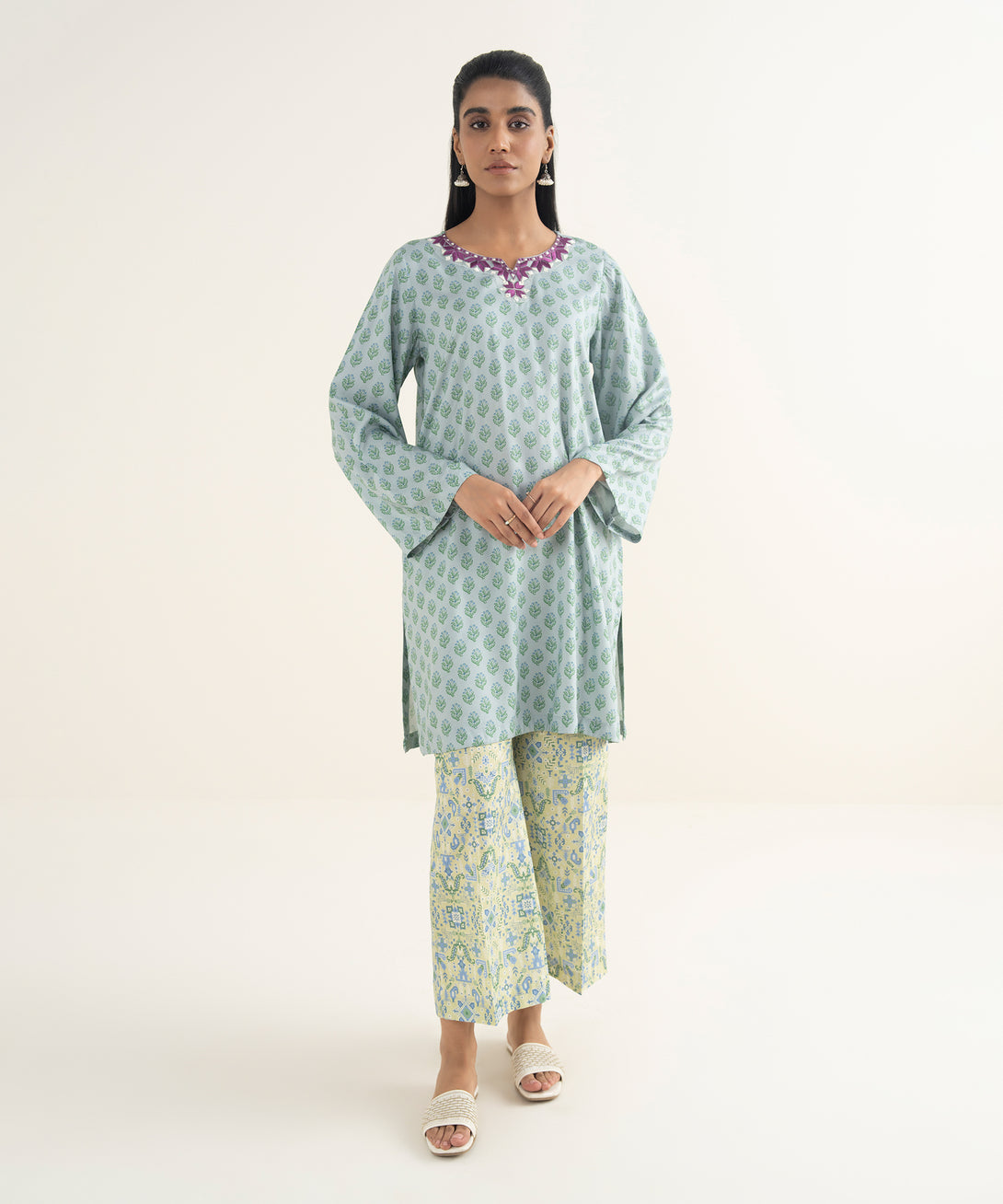 Women's RTW Arabic Lawn Embroidered Straight Blue Shirt