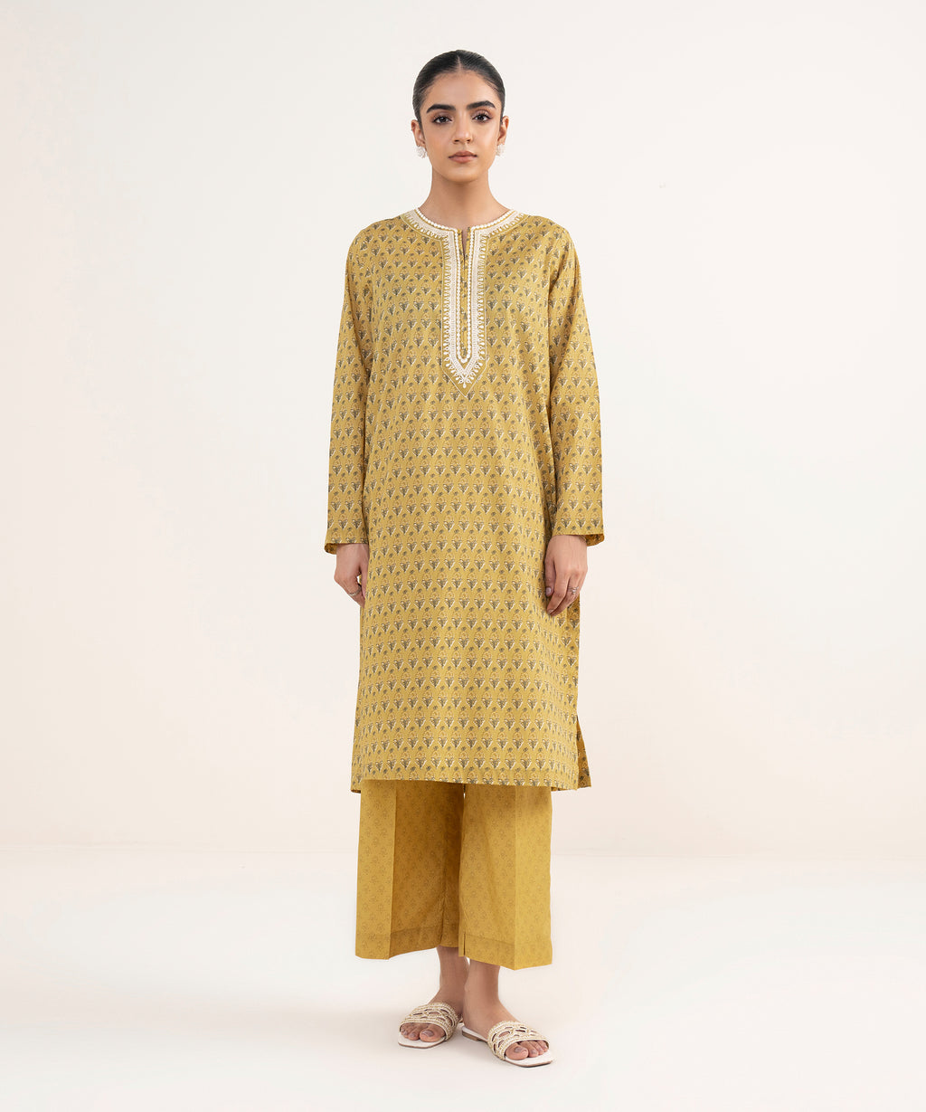 Women's RTW Lawn Mustard Embroidered Straight Shirt