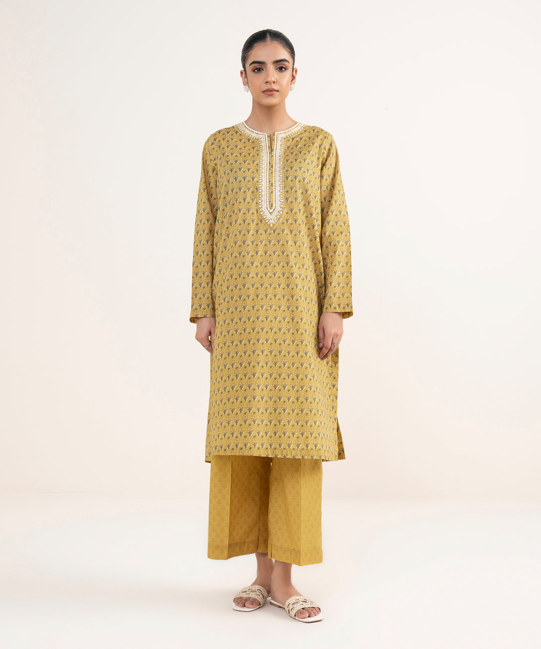 Women's RTW Lawn Mustard Embroidered Straight Shirt