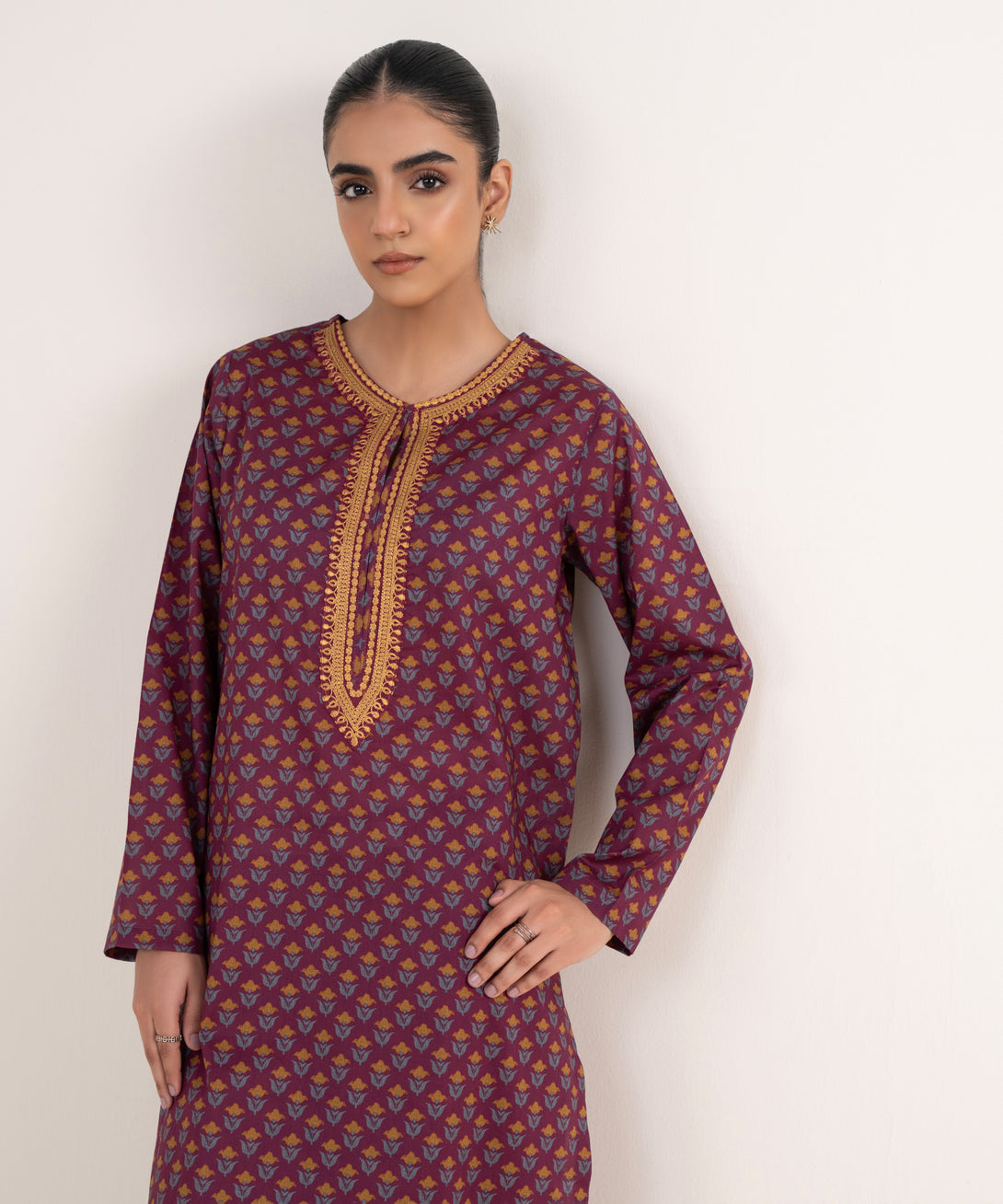 Women's RTW Lawn Purple Embroidered Straight Shirt