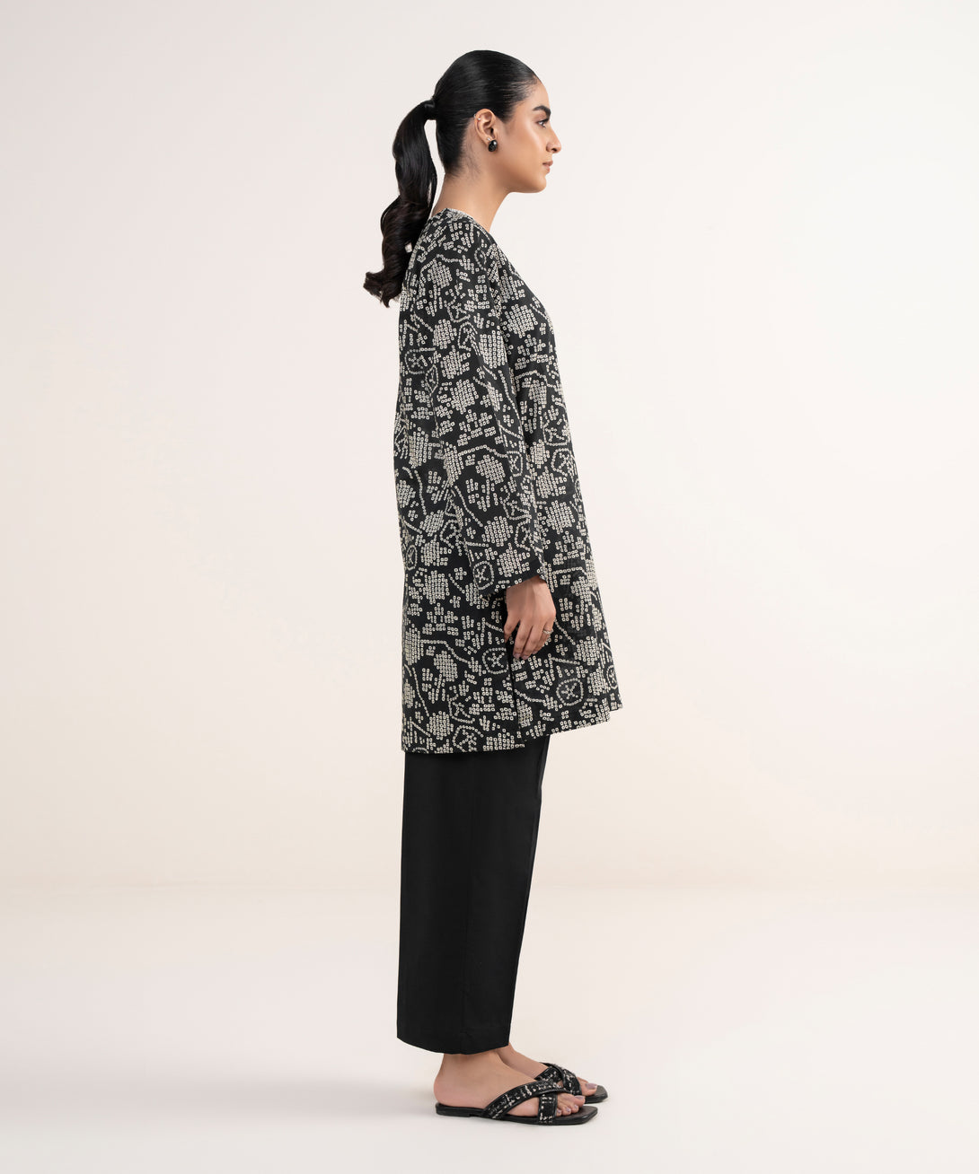 Women's RTW Lawn Black Embroidered A-Line Shirt