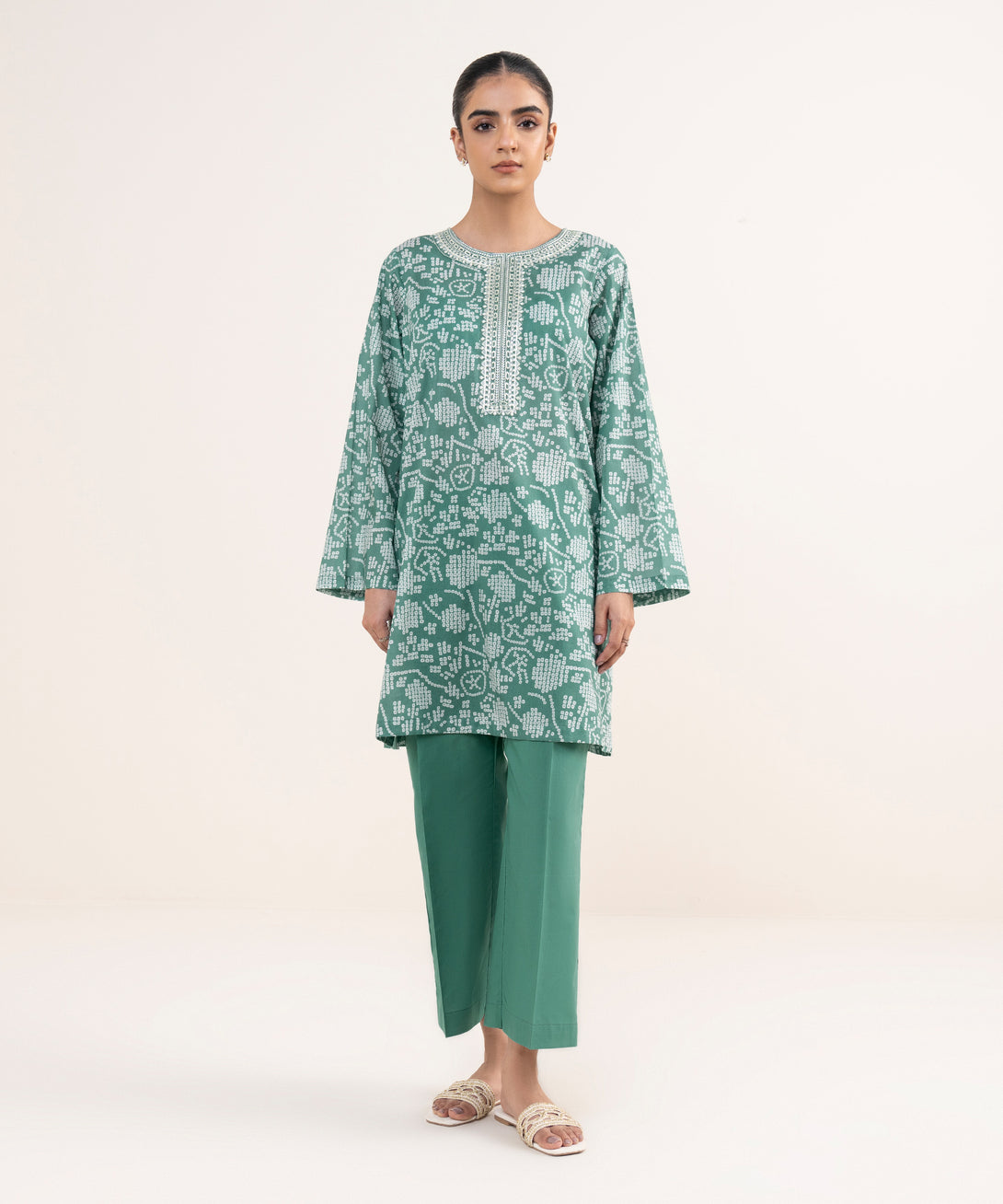 Women's RTW Lawn Green Embroidered A-Line Shirt