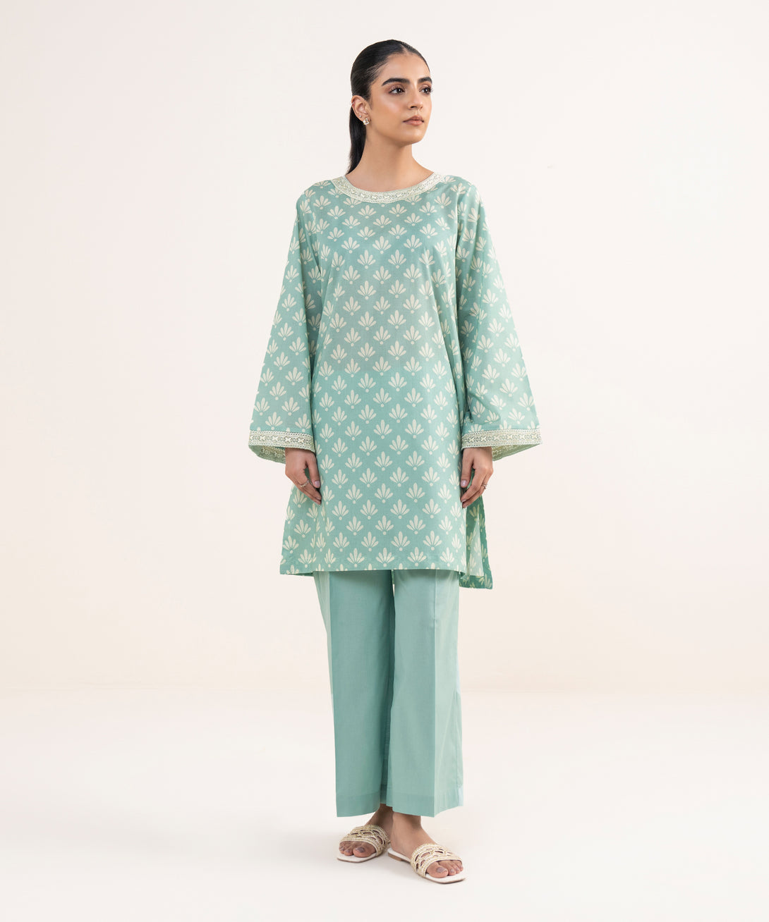 Women's RTW Lawn Teal Embroidered Straight Shirt