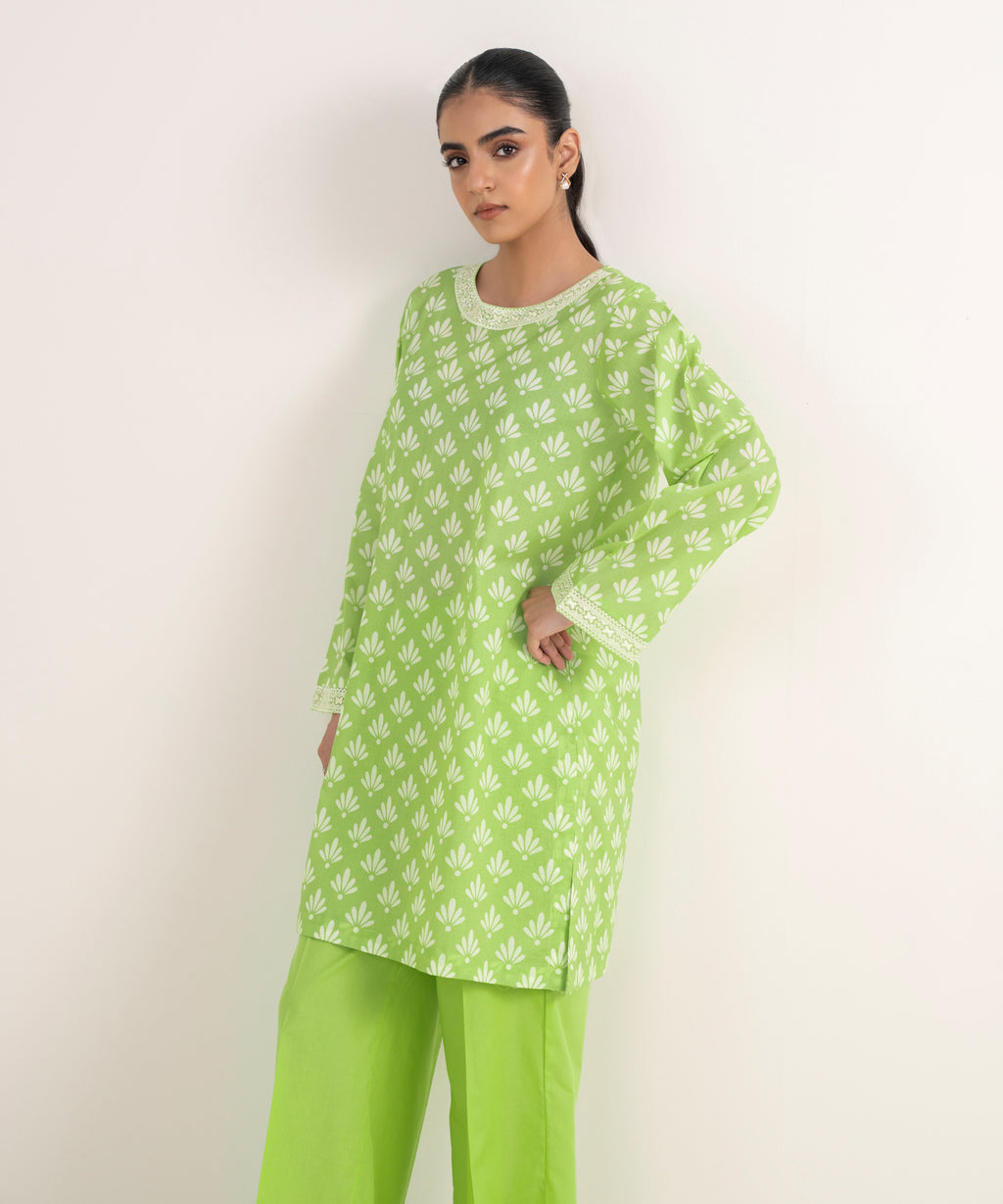 Women's RTW Lawn Green Embroidered Straight Shirt
