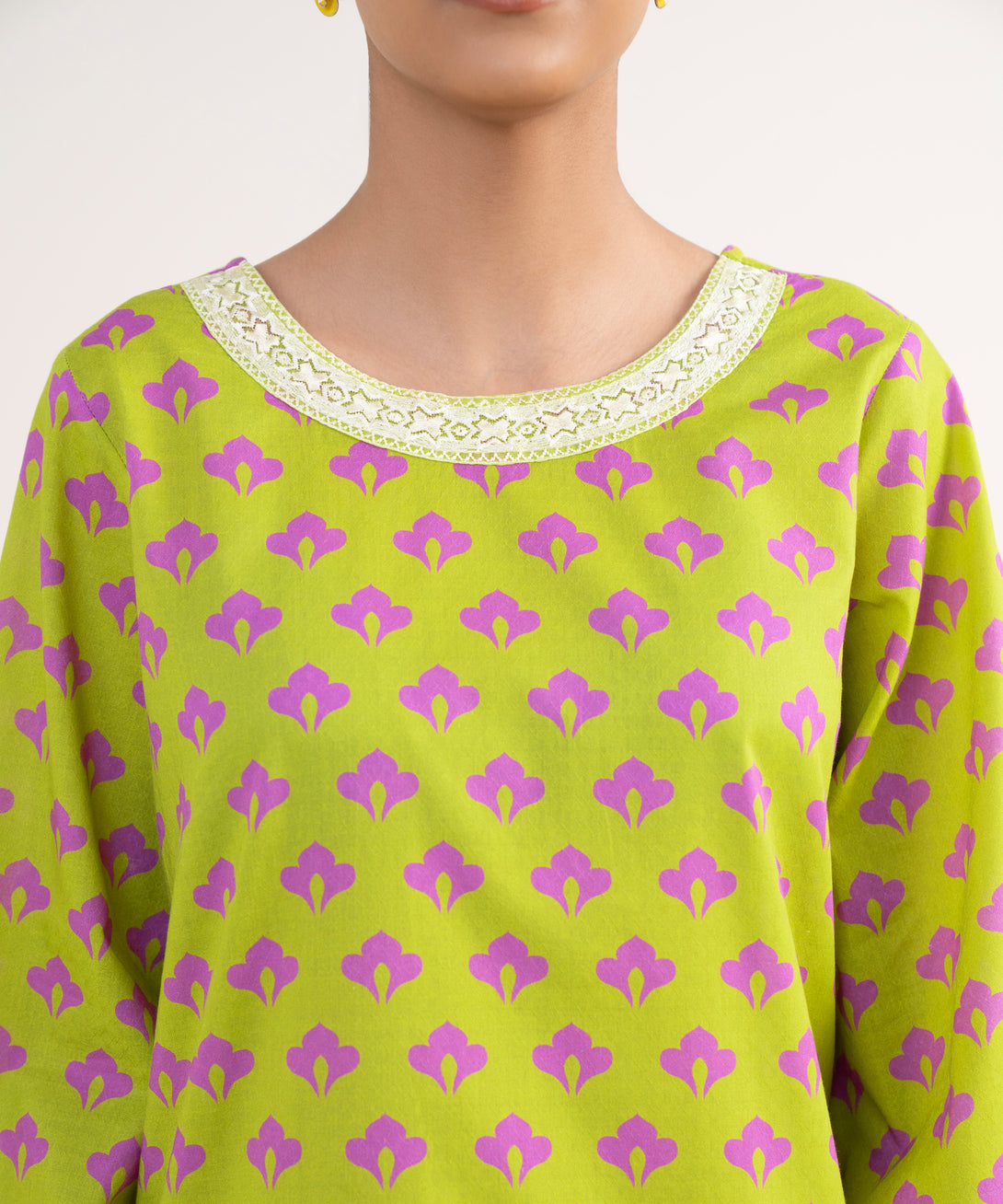 Women's RTW Textured Lawn Green Embroidered Straight Shirt