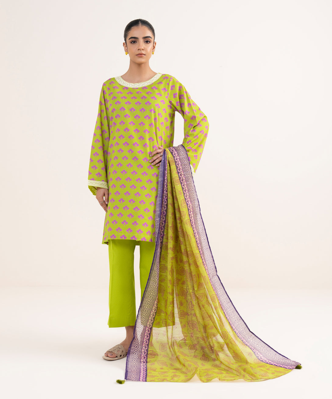 Women's RTW Textured Lawn Green Embroidered Straight Shirt