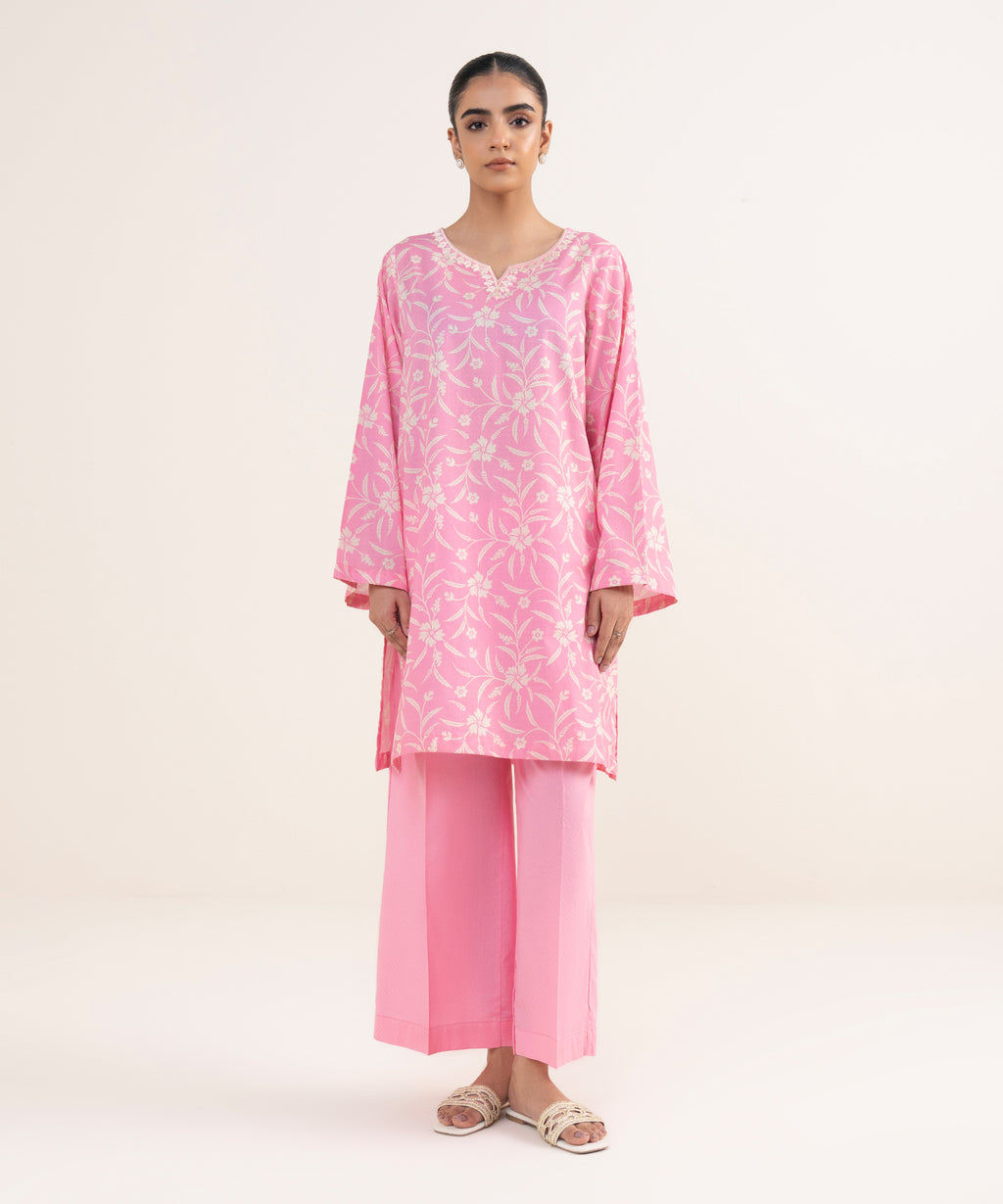 Women's RTW Textured Lawn Pink Embroidered Straight Shirt