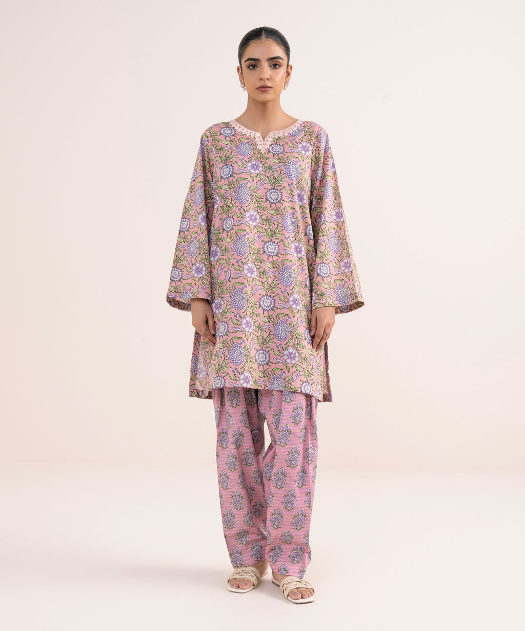 Women's RTW Textured Lawn Pink Embroidered Straight Shirt