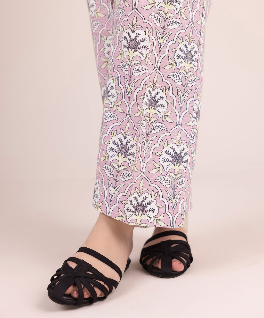 Women's RTW Khaddar Printed Pink Straight Pants