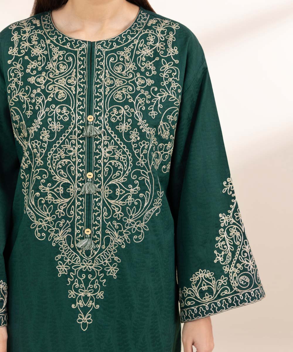 Women's Pret Cambric Green Embroidered Boxy Shirt