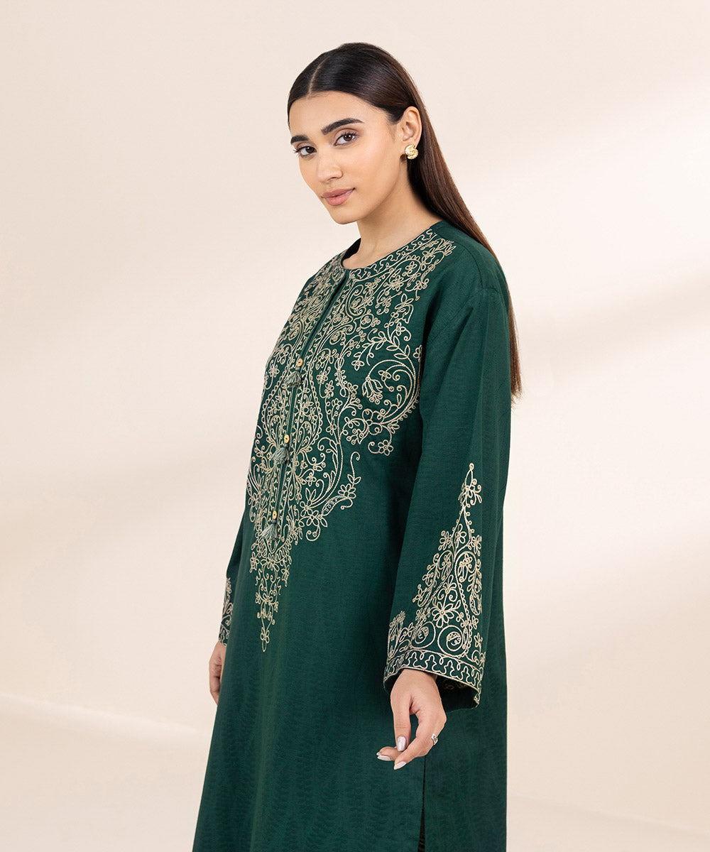 Women's Pret Cambric Green Embroidered Boxy Shirt