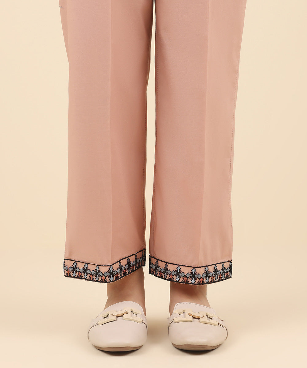 Women's Pret Cambric Pink Embroidered Straight Pants