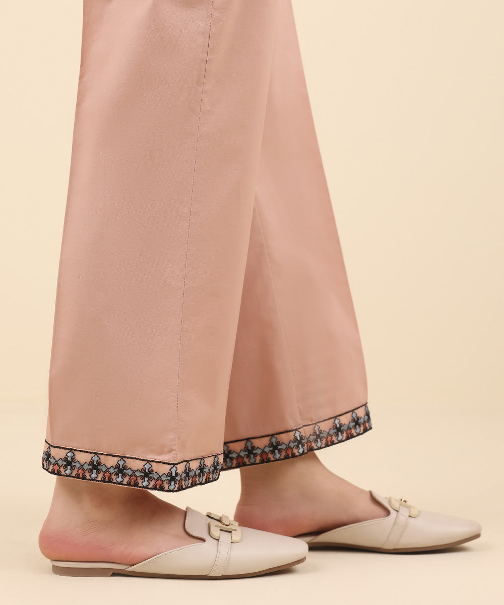 Women's Pret Cambric Pink Embroidered Straight Pants