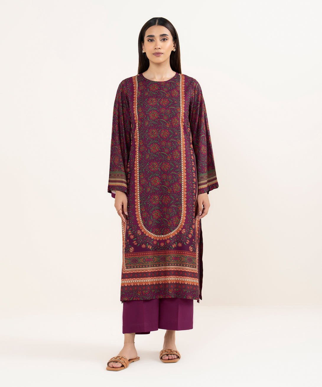 Women's RTW Arabic Lawn Purple Printed Straight Shirt