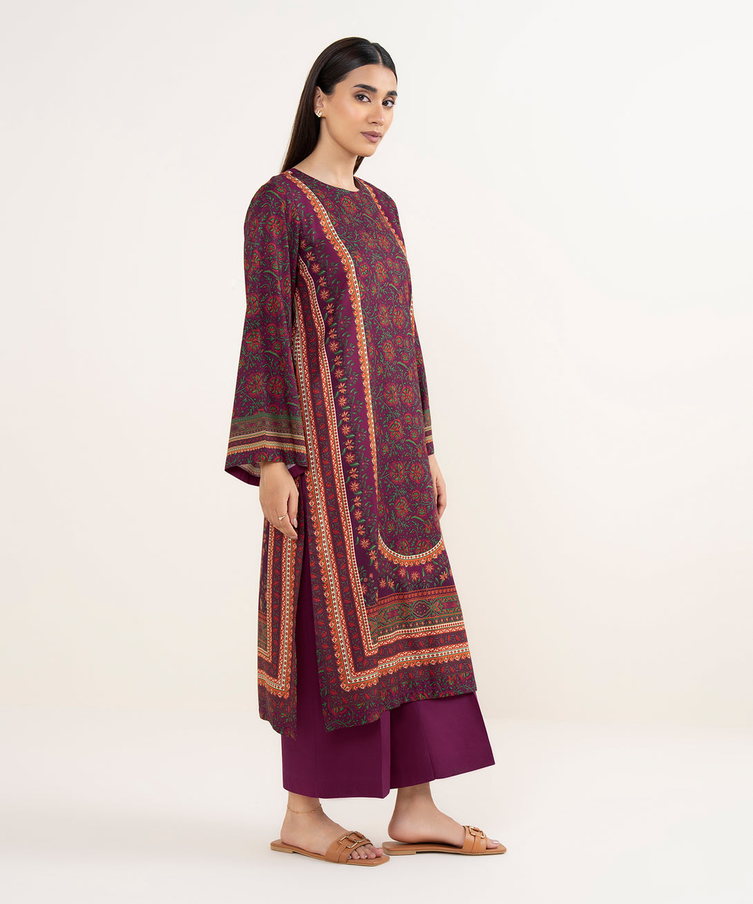 Women's RTW Arabic Lawn Purple Printed Straight Shirt