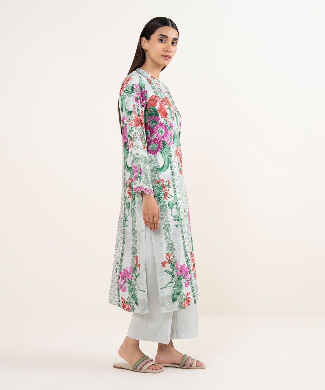 Women's RTW Arabic Lawn Grey Printed Straight Shirt