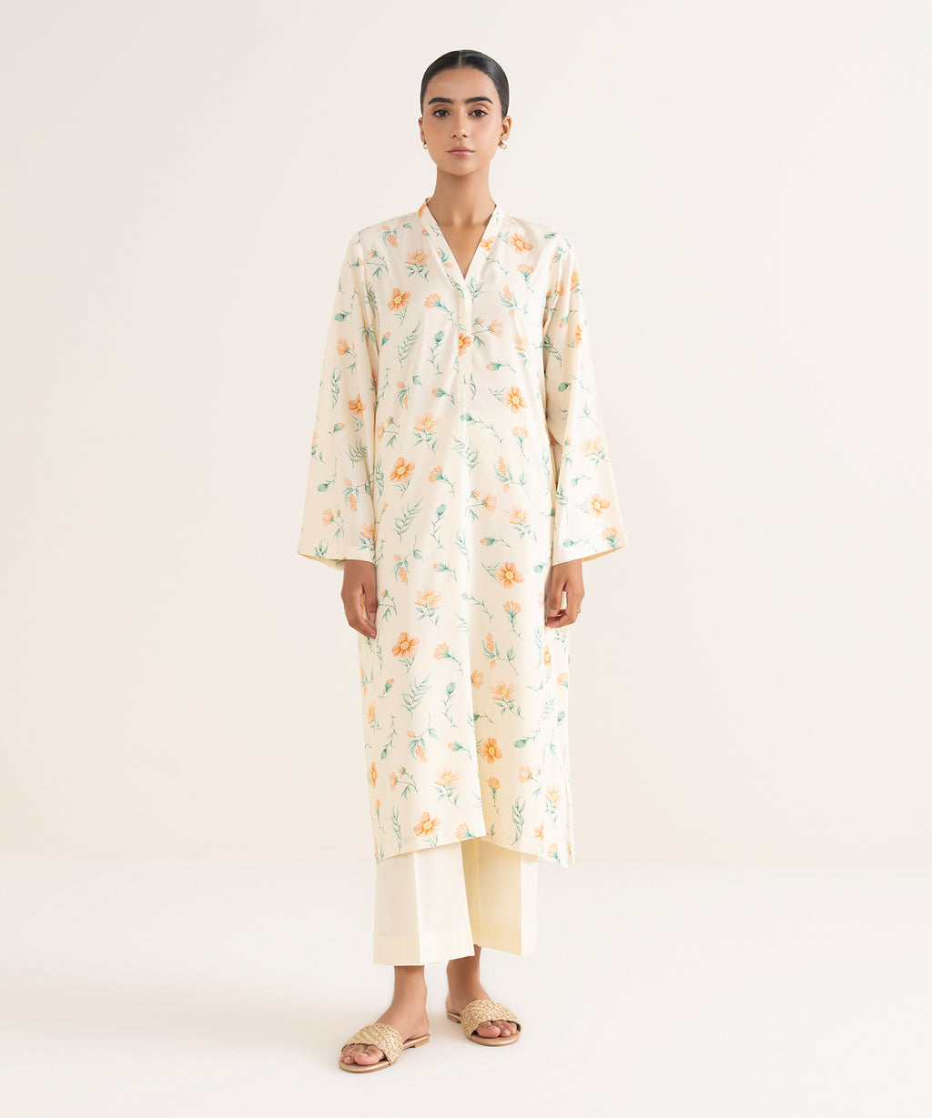 Women's RTW Arabic Lawn Yellow Printed Straight Shirt