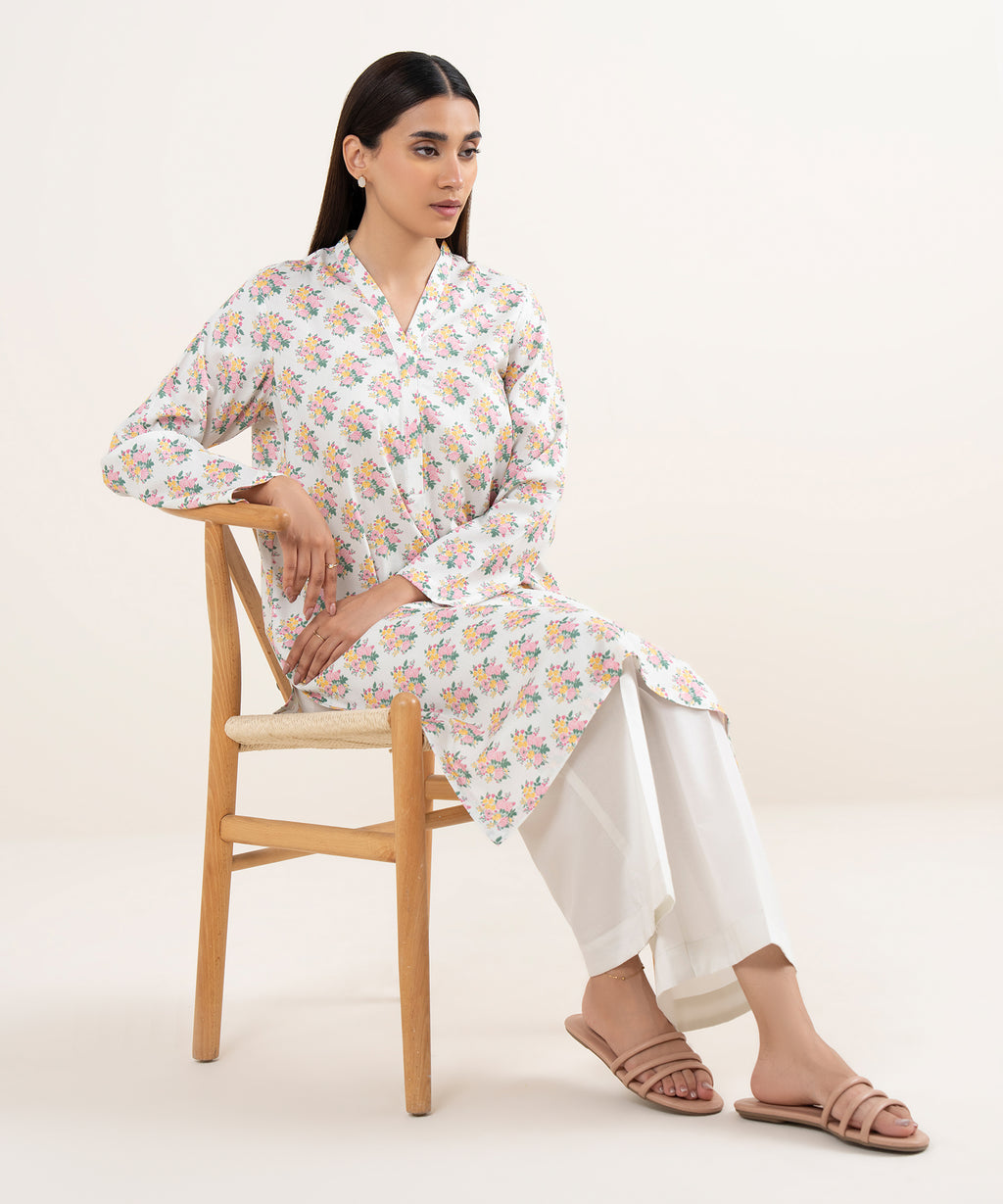 Women's RTW Arabic Lawn Grey Printed Straight Shirt