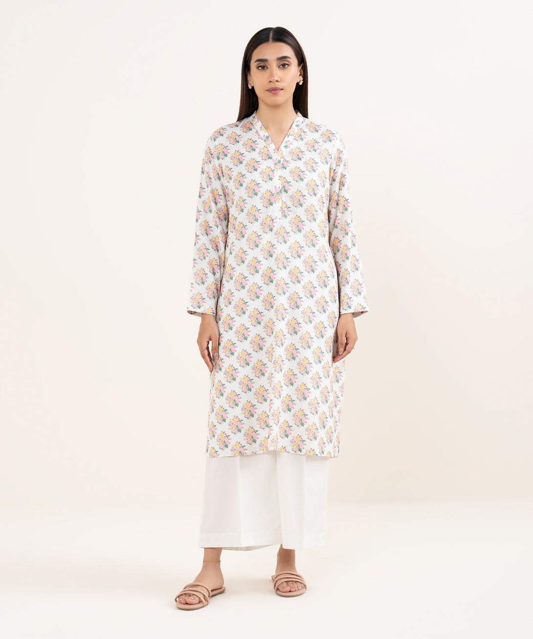 Women's RTW Arabic Lawn Grey Printed Straight Shirt