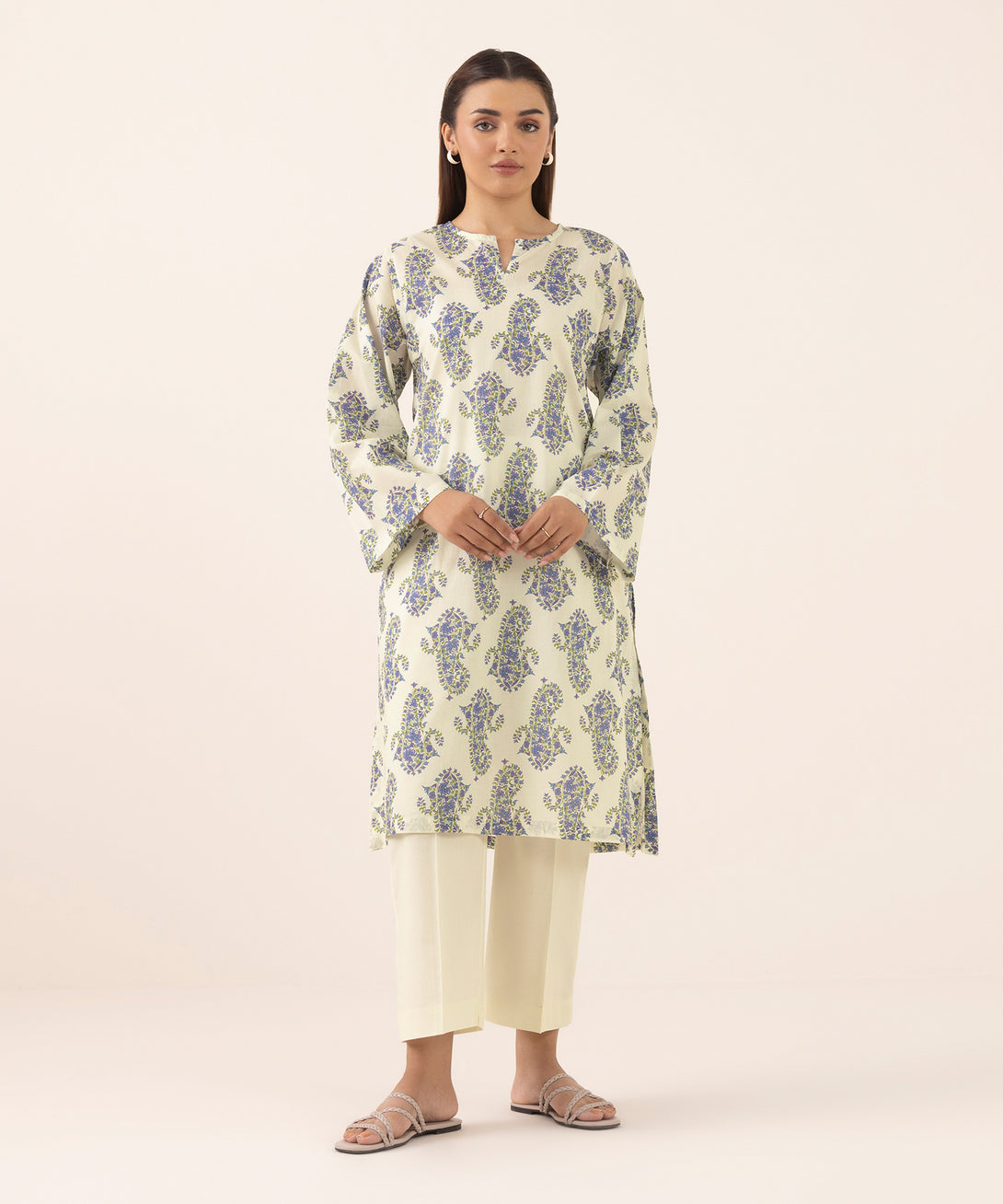 Women's RTW Lawn Off White Printed Boxy Shirt