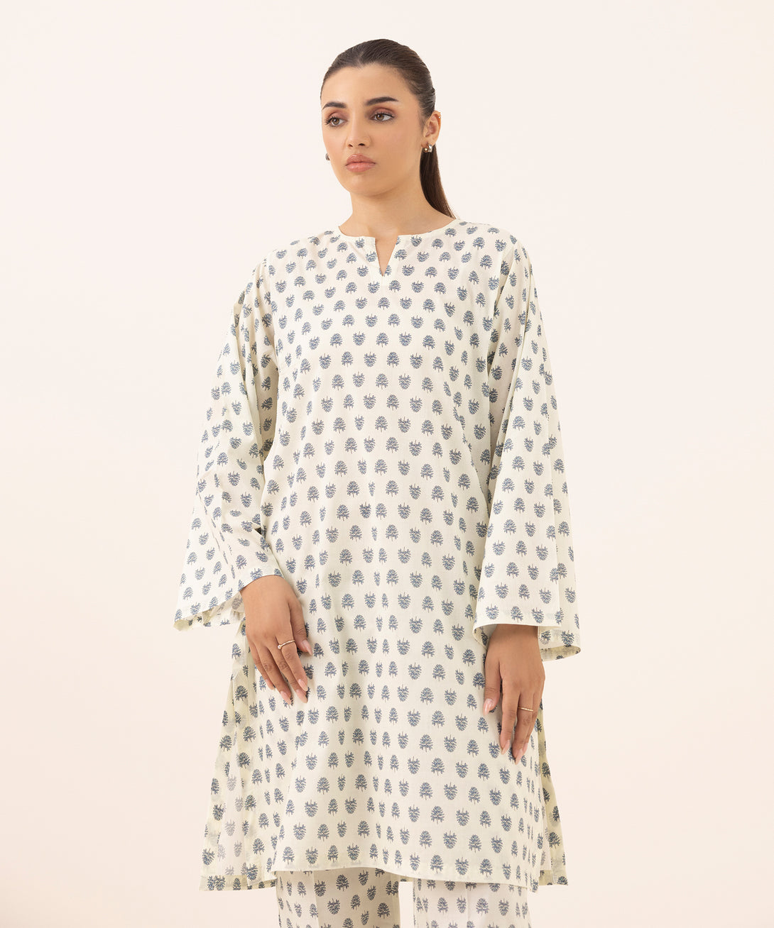 Women's RTW Lawn Off White Printed Boxy Shirt
