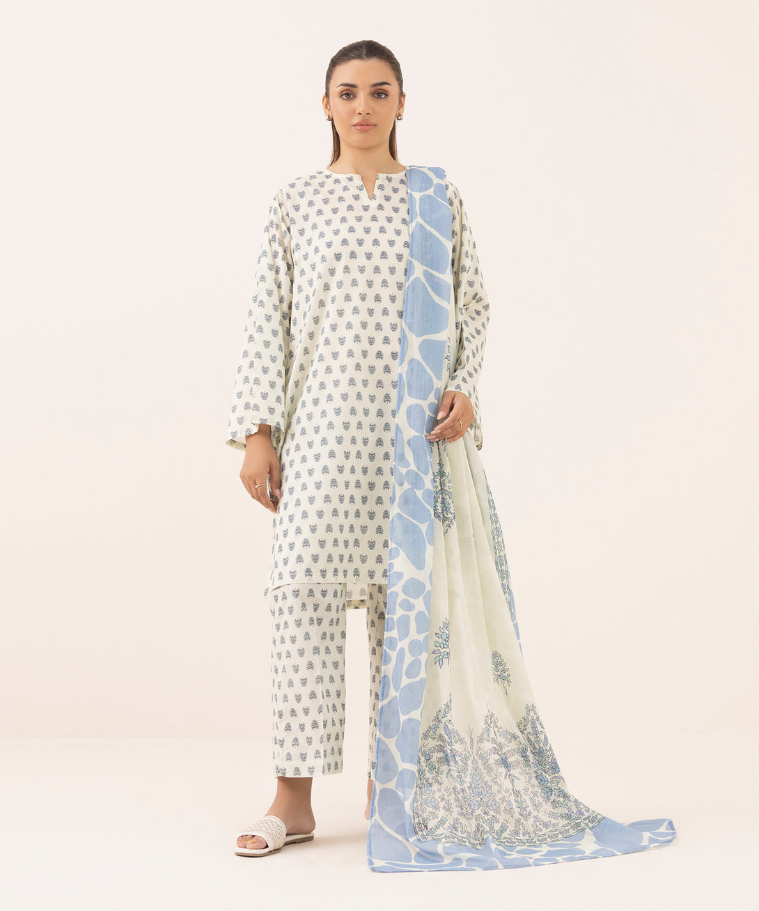 Women's RTW Lawn Off White Printed Boxy Shirt