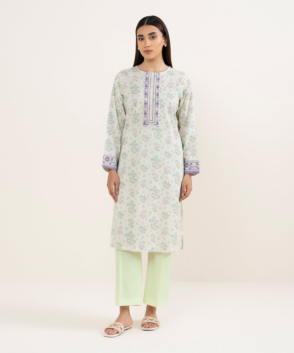 Women's RTW Lawn Off White Embroidered Straight Shirt