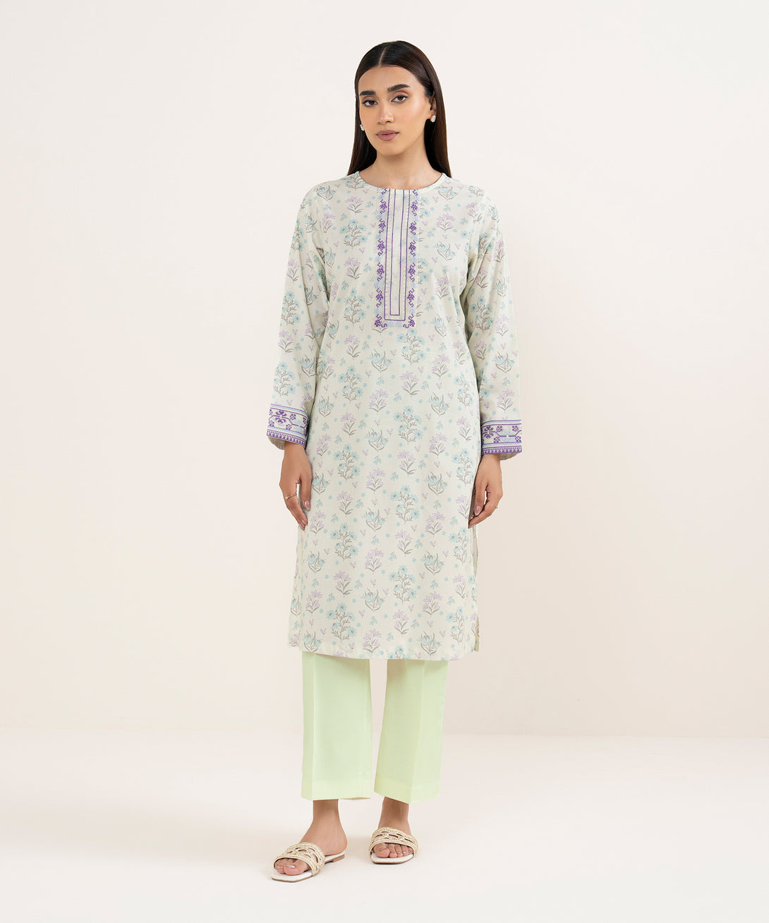 Women's RTW Lawn Off White Embroidered Straight Shirt