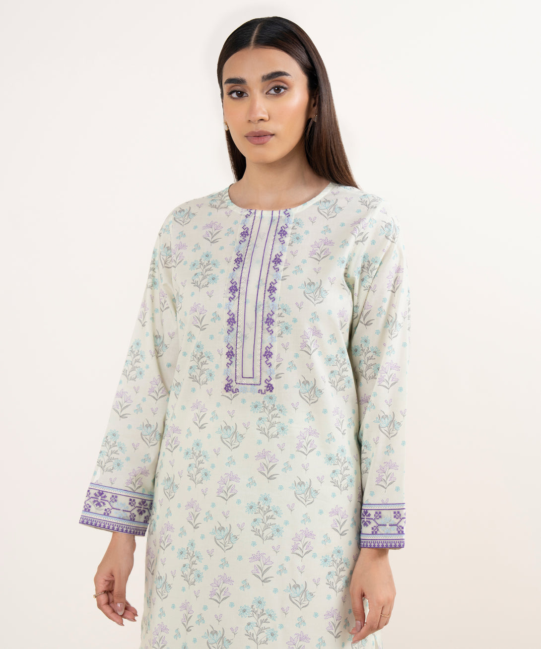 Women's RTW Lawn Off White Embroidered Straight Shirt