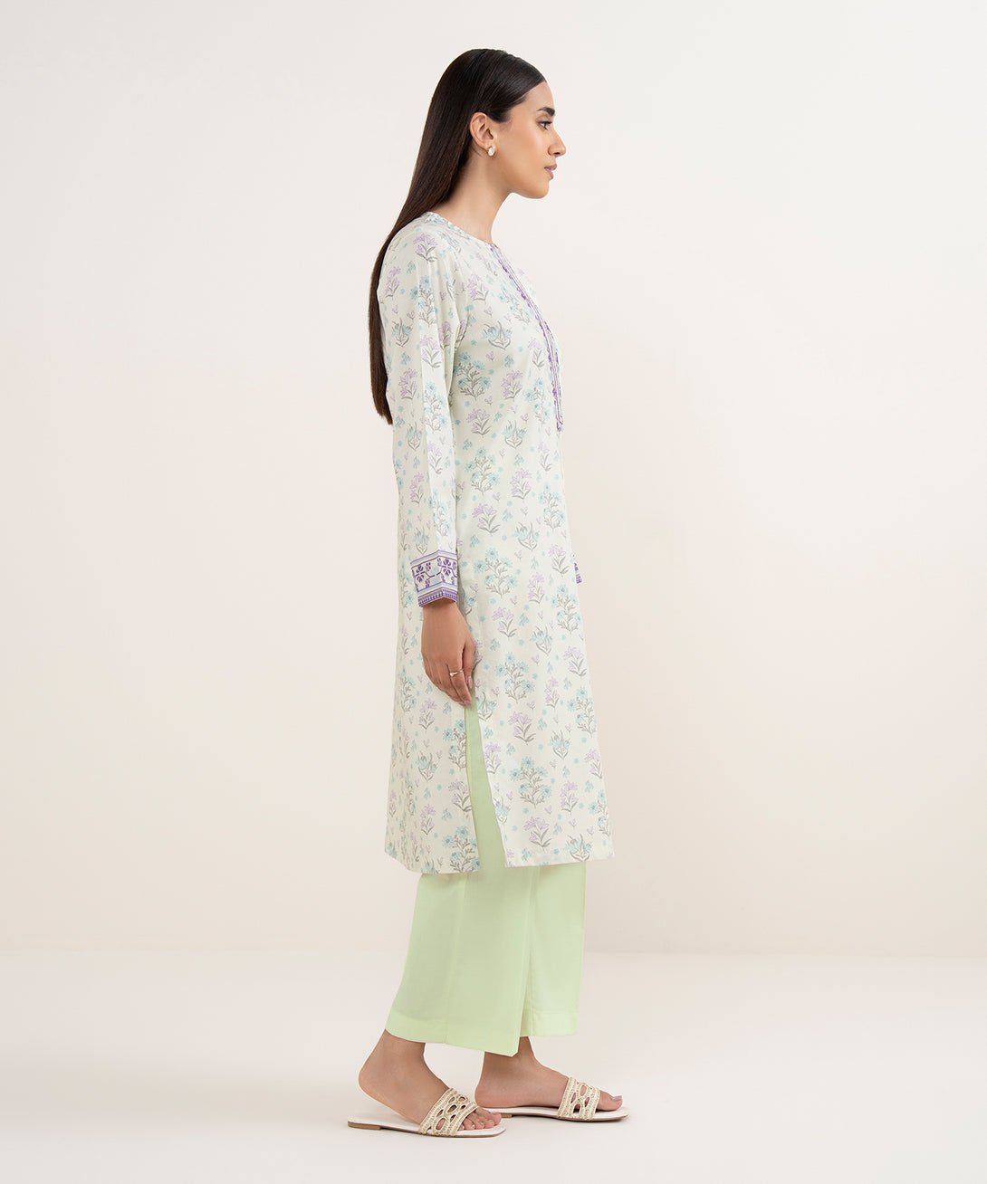 Women's RTW Lawn Off White Embroidered Straight Shirt