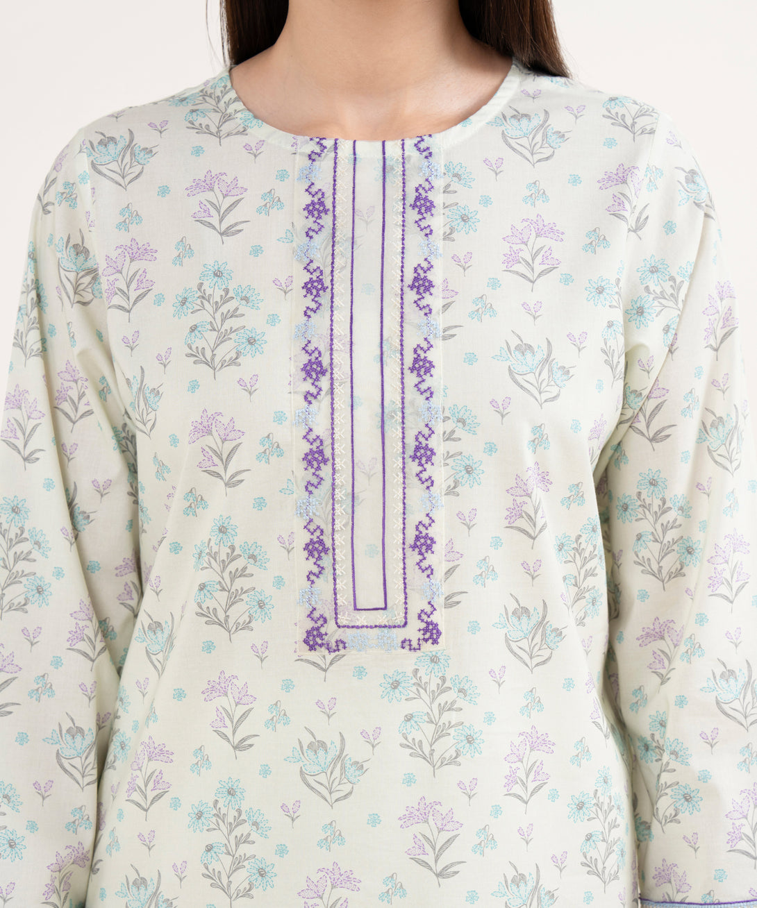 Women's RTW Lawn Off White Embroidered Straight Shirt