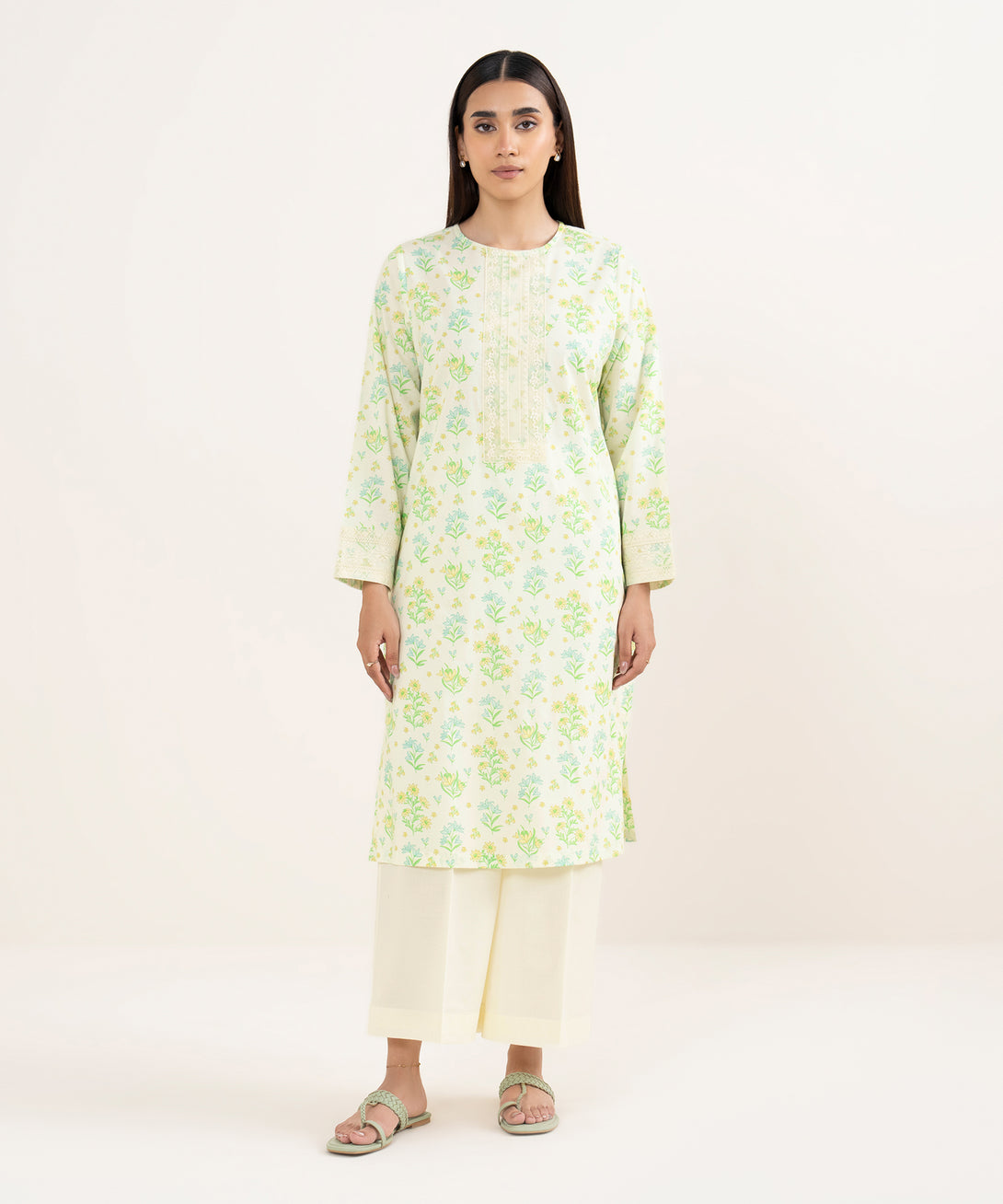 Women's RTW Lawn Mint Green Embroidered Straight Shirt