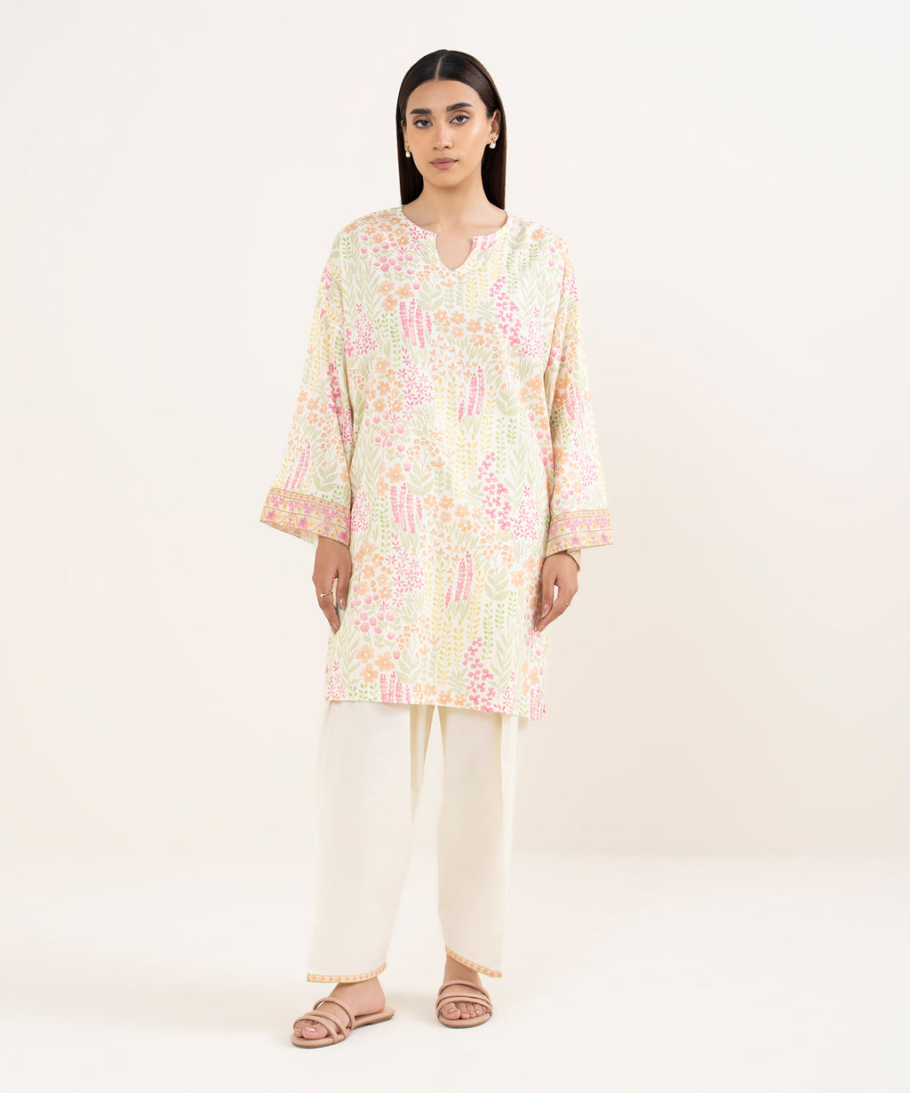 Women's RTW Lawn Off White Embroidered Drop Shoulder Shirt