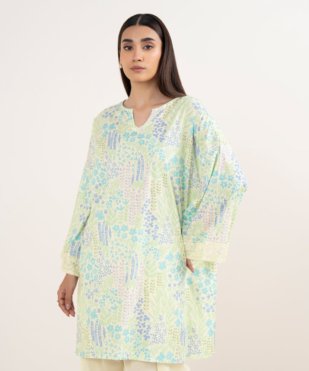 Women's RTW Lawn Off White Embroidered Drop Shoulder Shirt