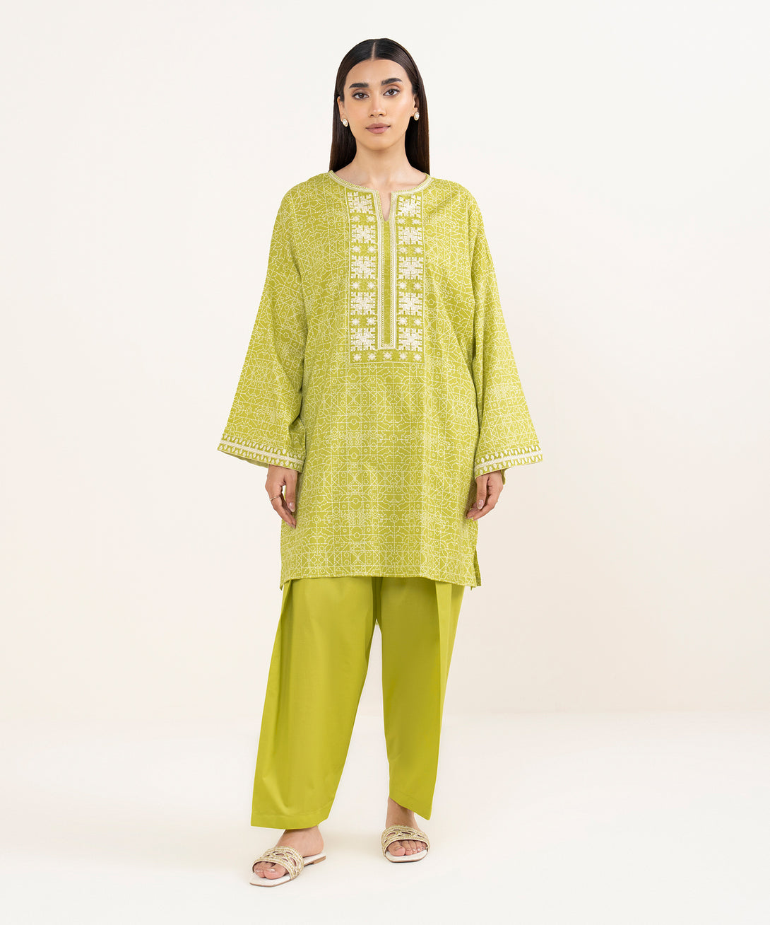 Women's RTW Lawn Green Embroidered Drop Shoulder Shirt