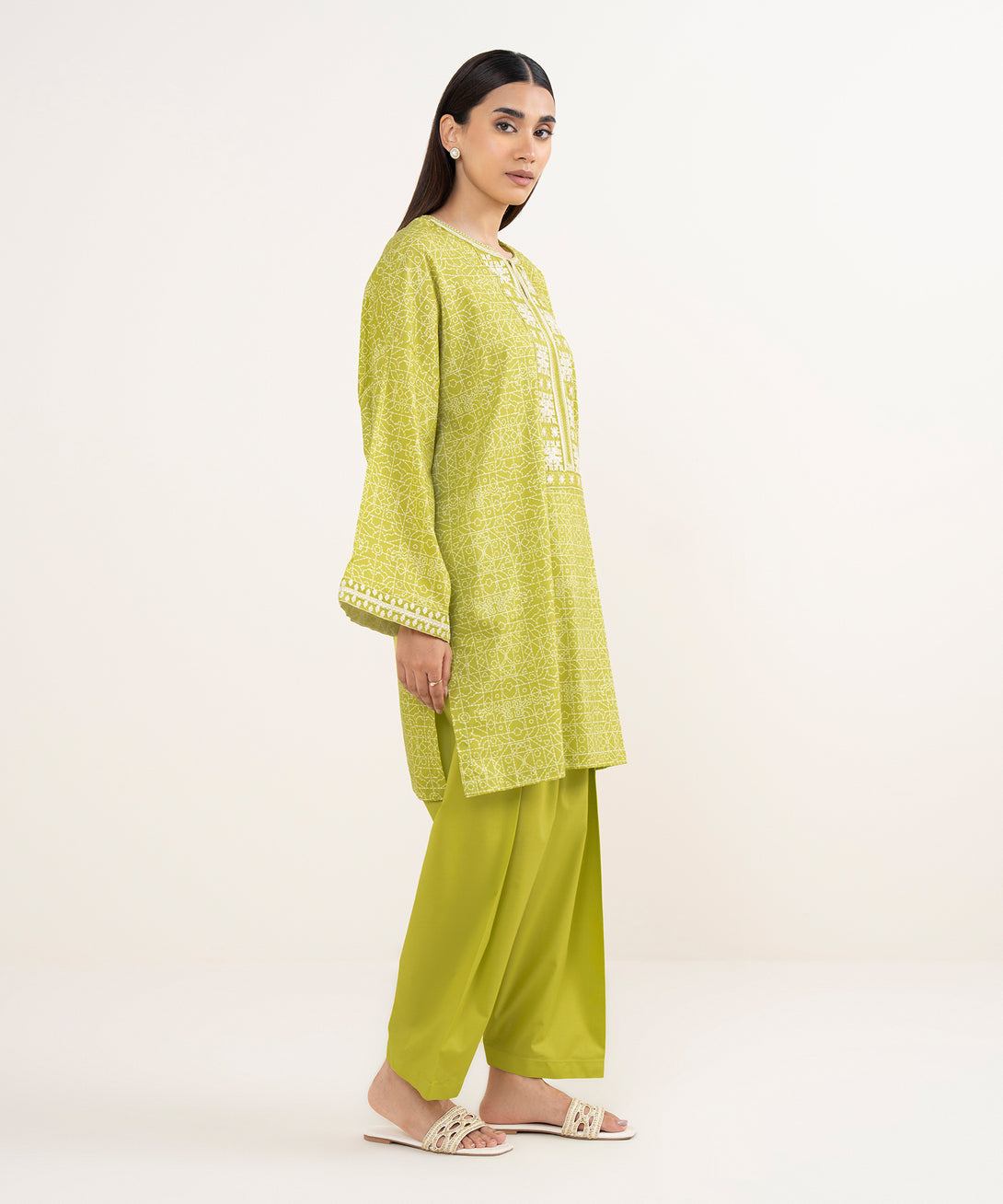 Women's RTW Lawn Green Embroidered Drop Shoulder Shirt