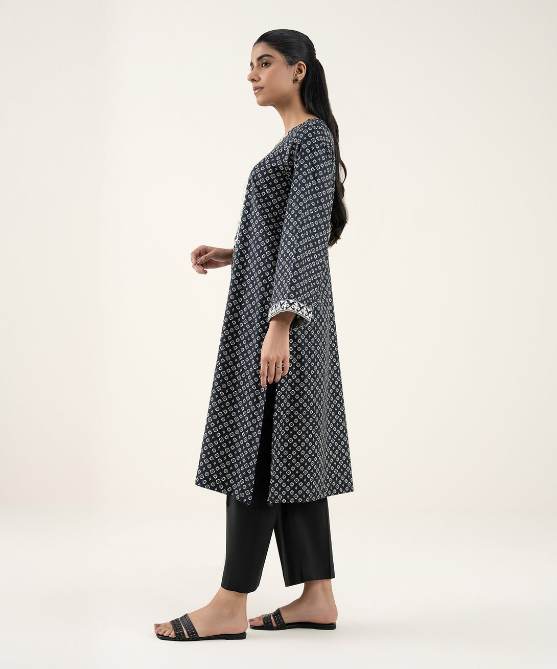 Women's RTW Lawn Black Embroidered A-Line Shirt