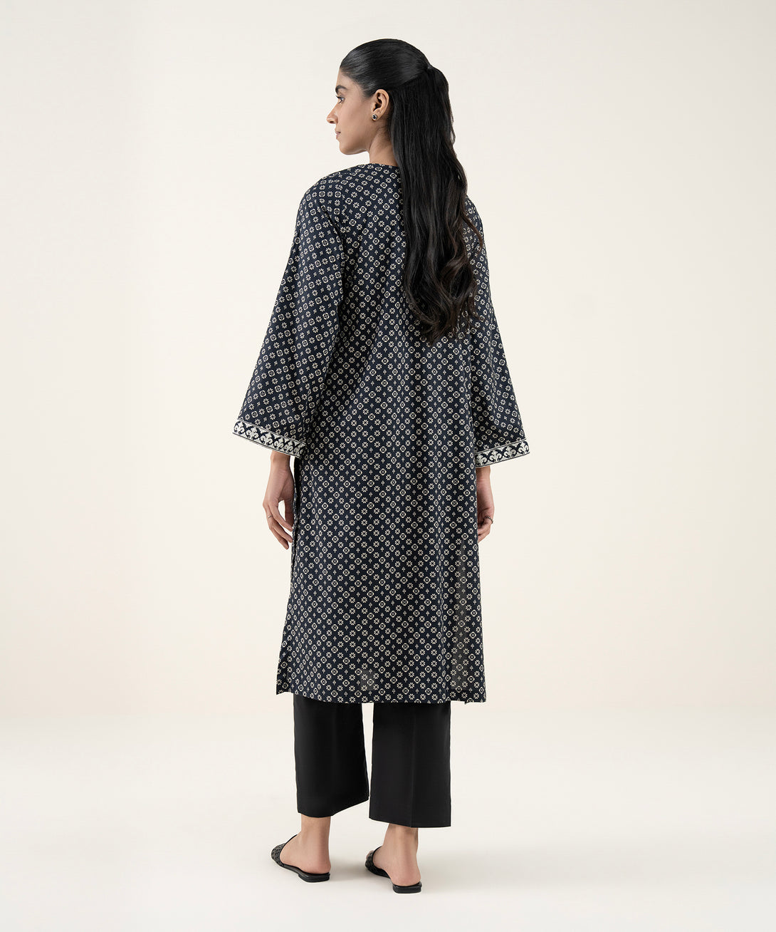 Women's RTW Lawn Black Embroidered A-Line Shirt