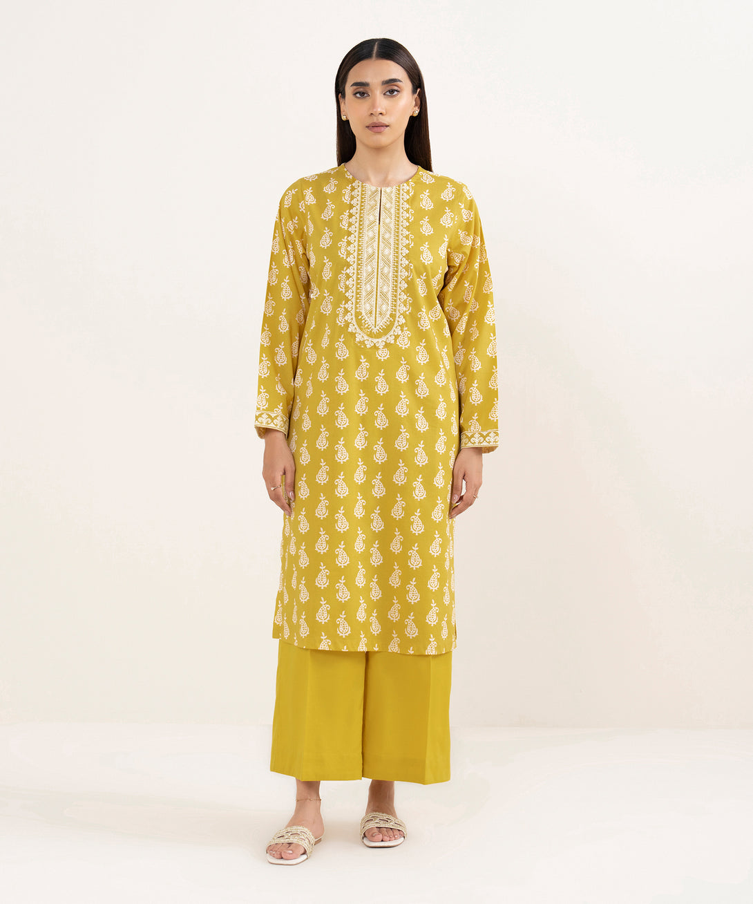 Women's RTW Lawn Yellow Embroidered A-Line Shirt