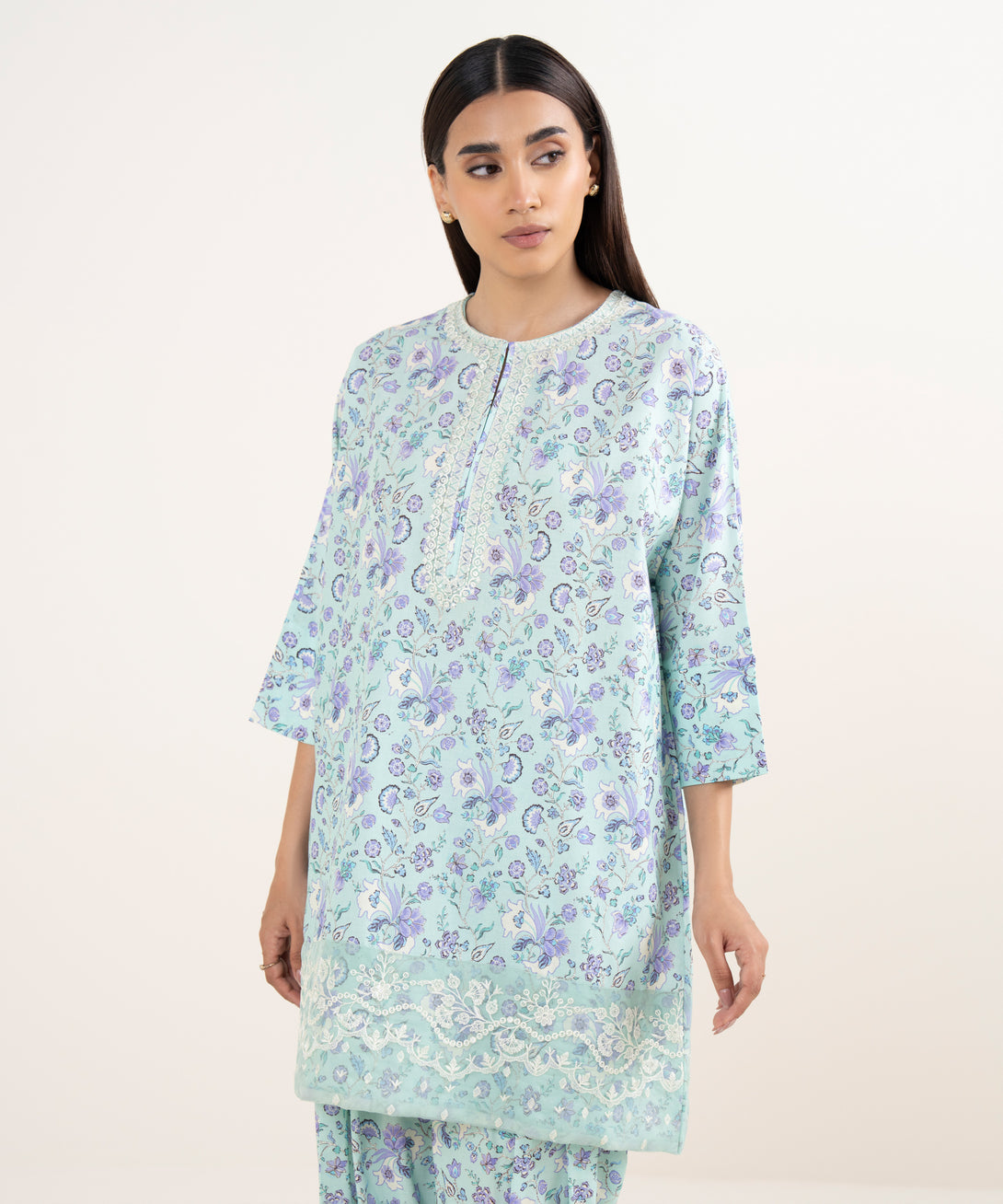Women's RTW Lawn Blue Embroidered A-Line Shirt