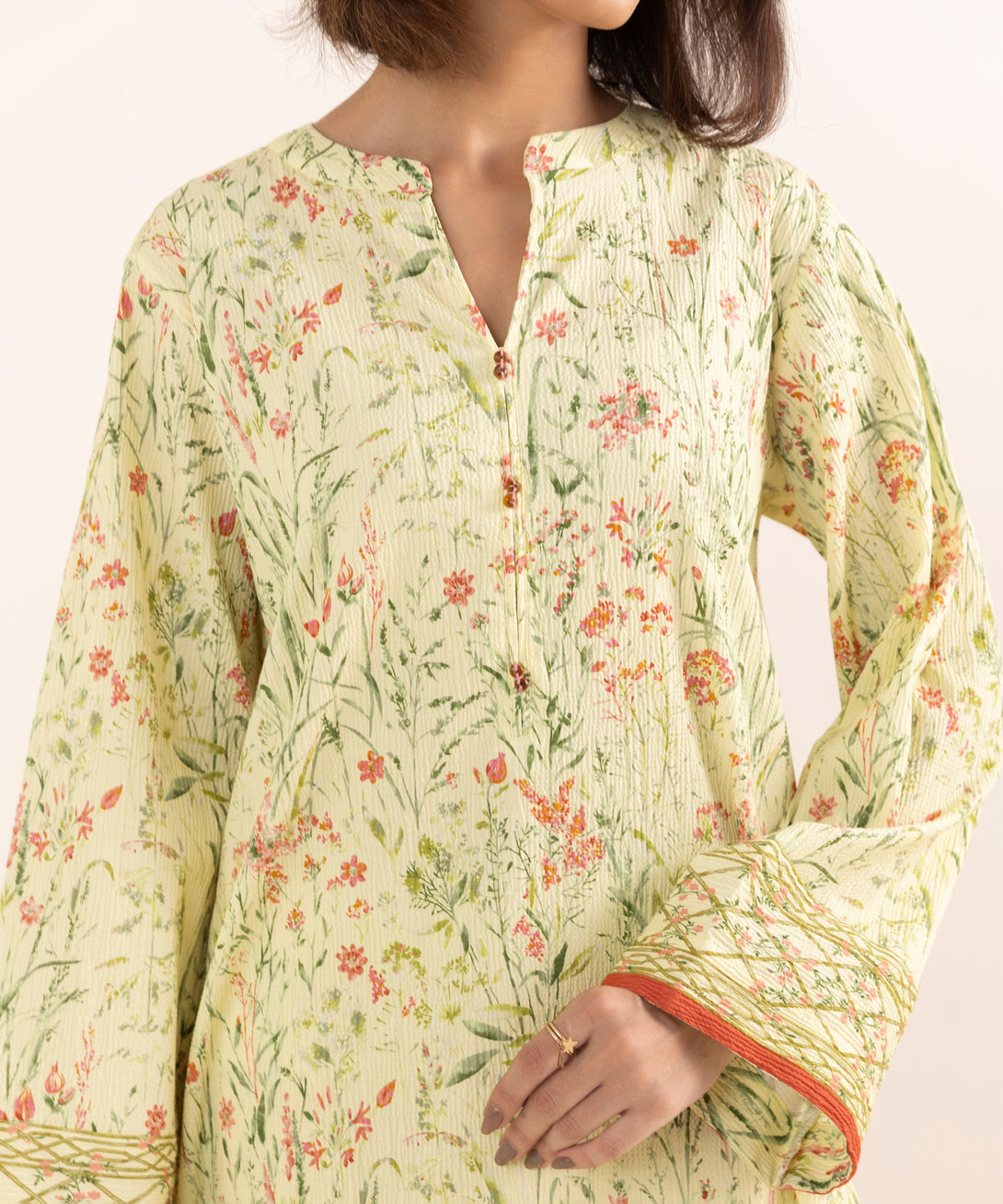 Women's RTW Seersucker Yellow Printed A-Line Shirt