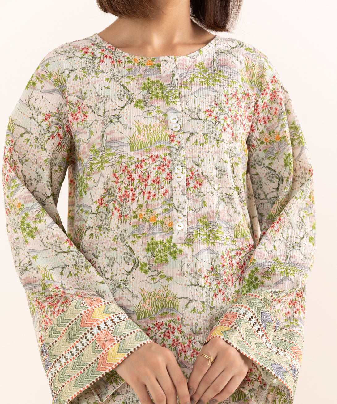 Women's RTW Seersucker Multi Printed A-Line Shirt